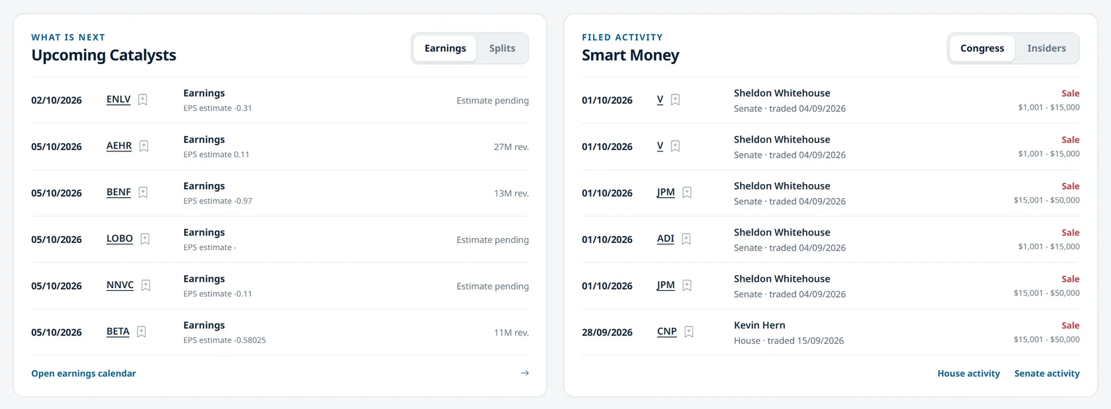 TailoredMarketData dashboard: upcoming catalysts and smart-money filings